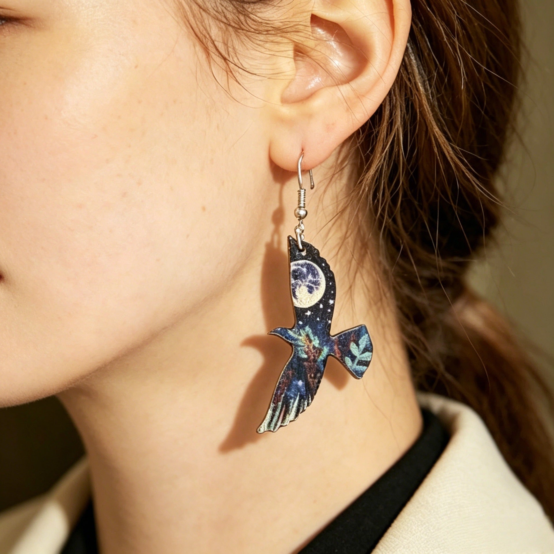 Wholesale Wooden Starry Sky Moon Bird Earrings Fashion Accessory Decorative Gift