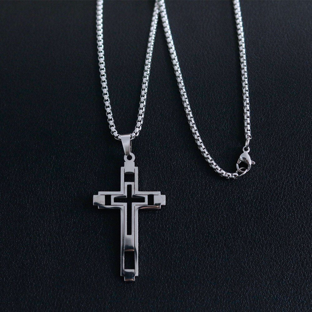 Wholesale Stainless Steel Polished Hollow Cross Pendant Necklace,  Trendy Hip-Hop Jewelry Accessory for Men and Women