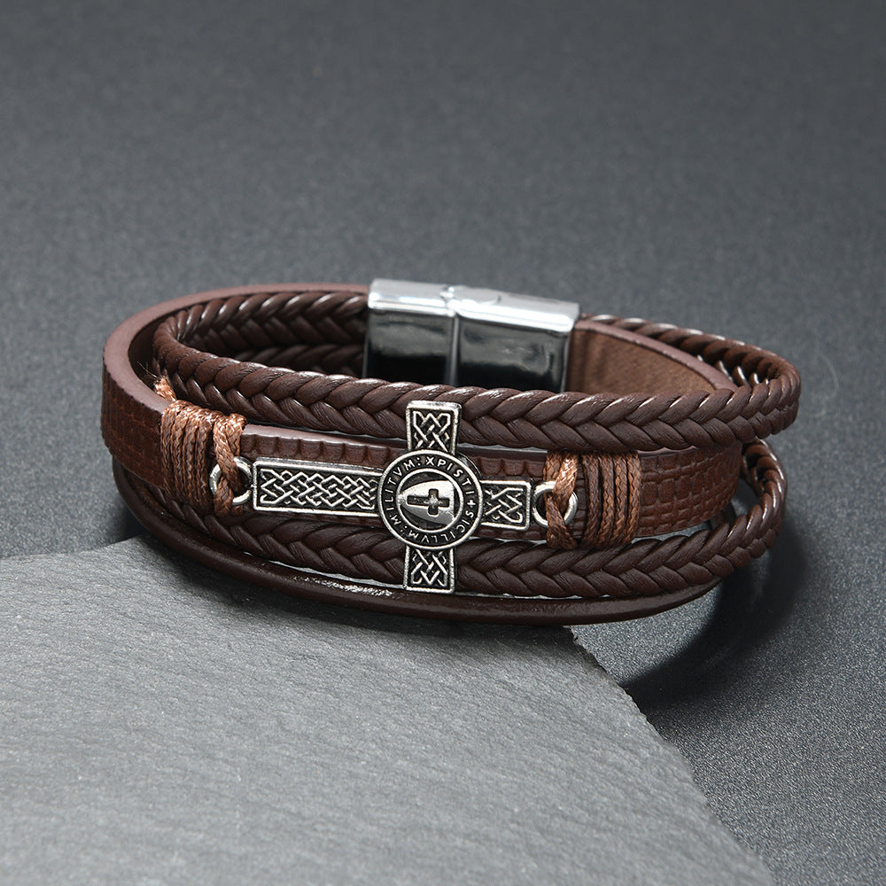 Wholesale Black Leather Men S Multi Layer Braided Cross Bracelet Casual Everyday Jewelry Accessory Gift