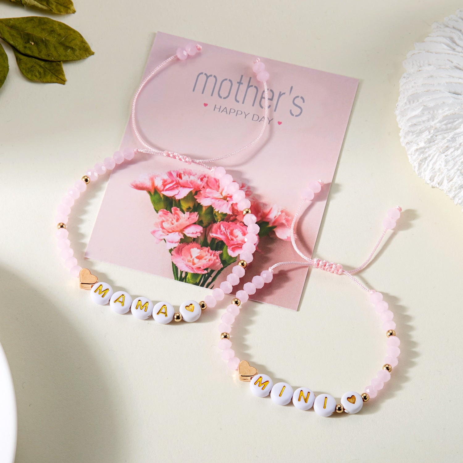 Wholesale  2pcs/set Mother's Day Mama Parent-child Rice Beads Flower Woven Bracelet