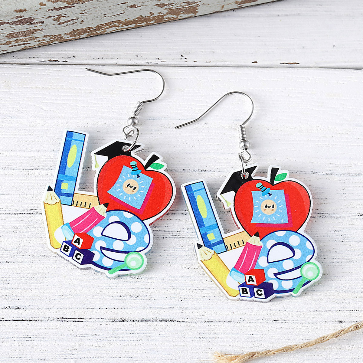 Wholesale School Season Pencil Apple Rainbow Love Ruler Pendant Earrings
