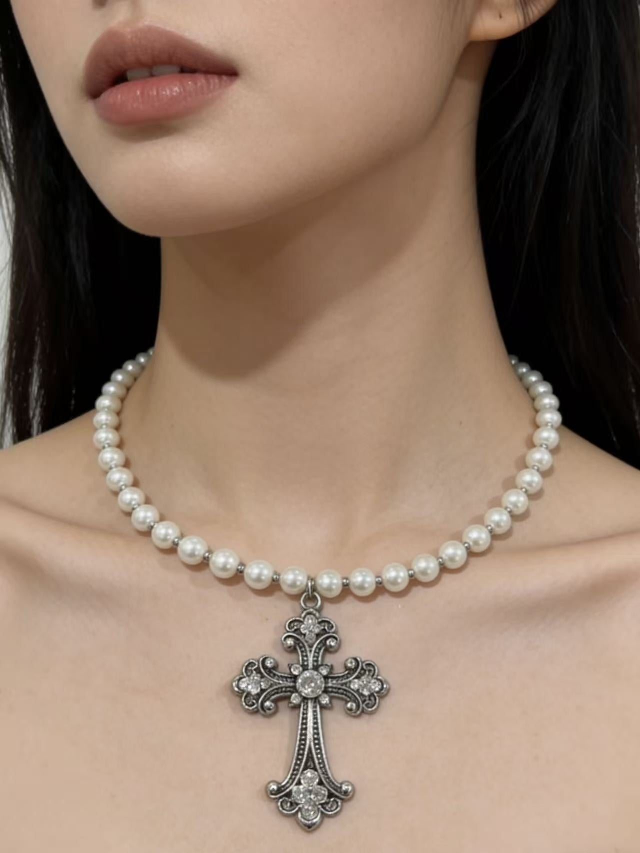 Wholesale Cross Pendant Pearl Necklace Dark Style Fashion Jewelry Accessory
