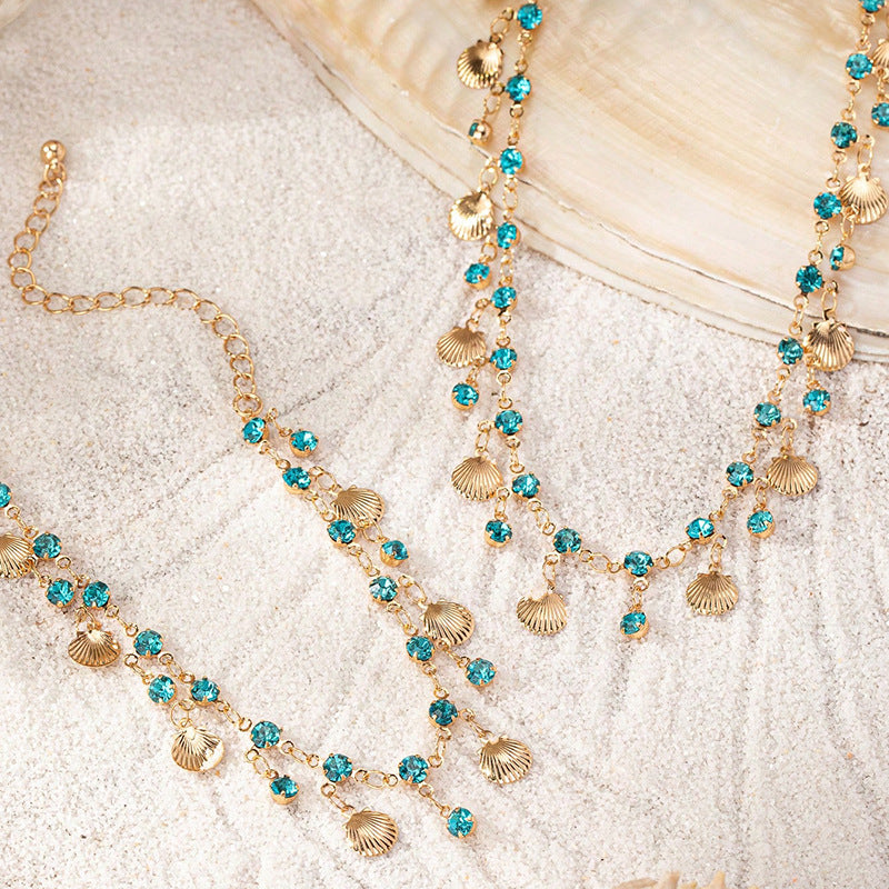 Wholesale  Explosive Fire Exotic Shell Blue Diamond Fashion Beach Holiday Bohemian Style Women Necklace suit