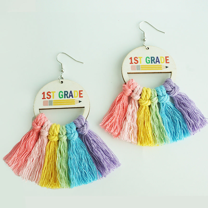 Wholesale 2 Pairs/pack Back To School Season Colorful Braided Earrings Handmade Tassel Wood Earrings ACC-ES-HY153