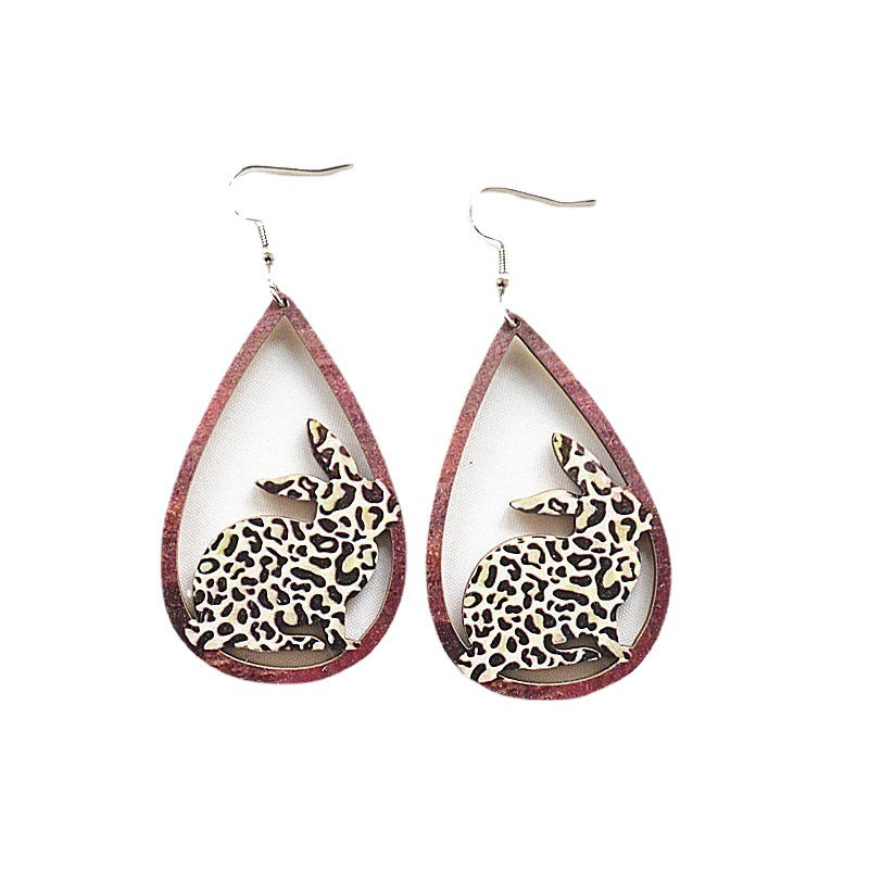 Wholesale Easter Painted Leopard Print Water Drop Hollow Wooden Earrings
