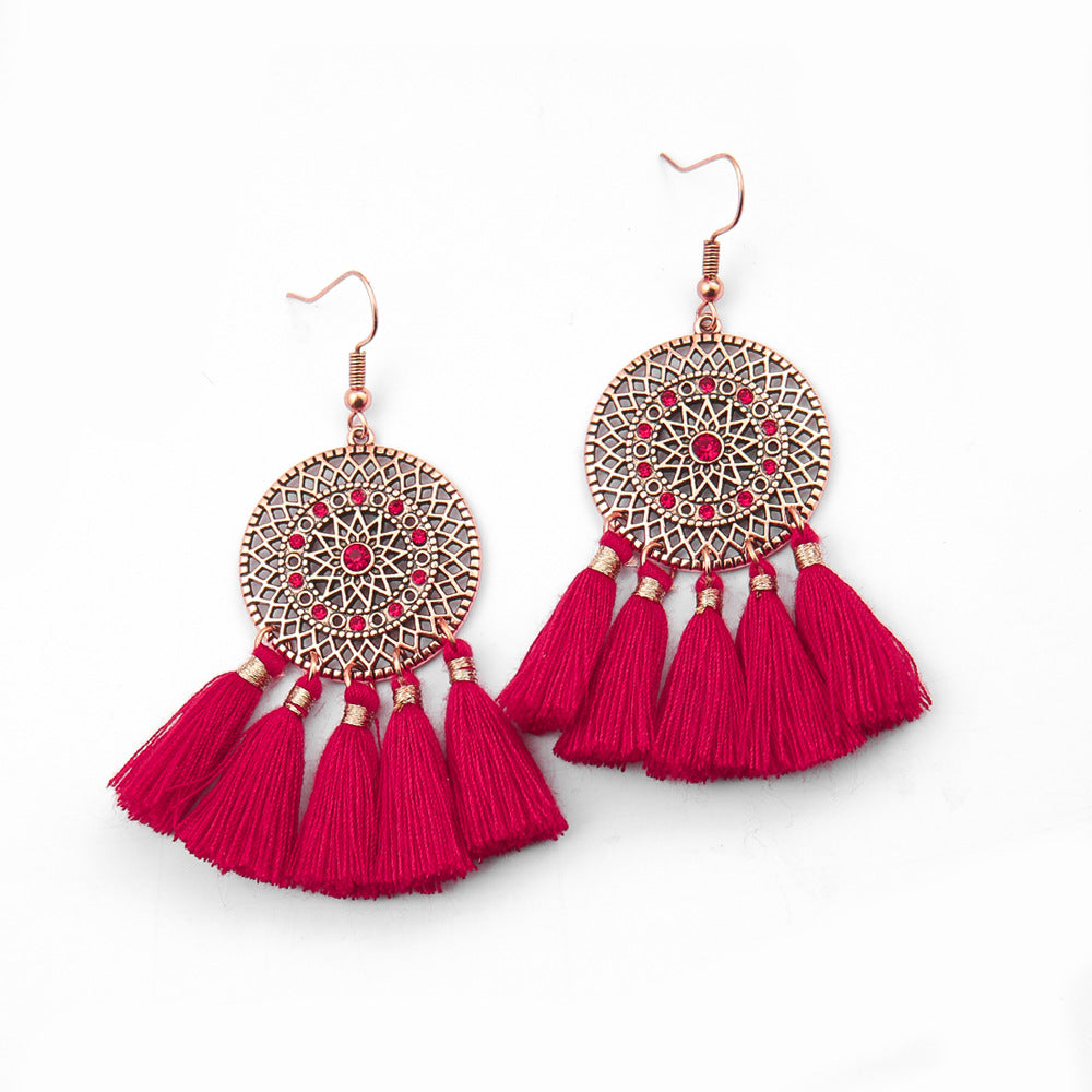 Wholesale Chinese Style Red Tassel Earrings Retro Medieval Festive Jewelry Accessory