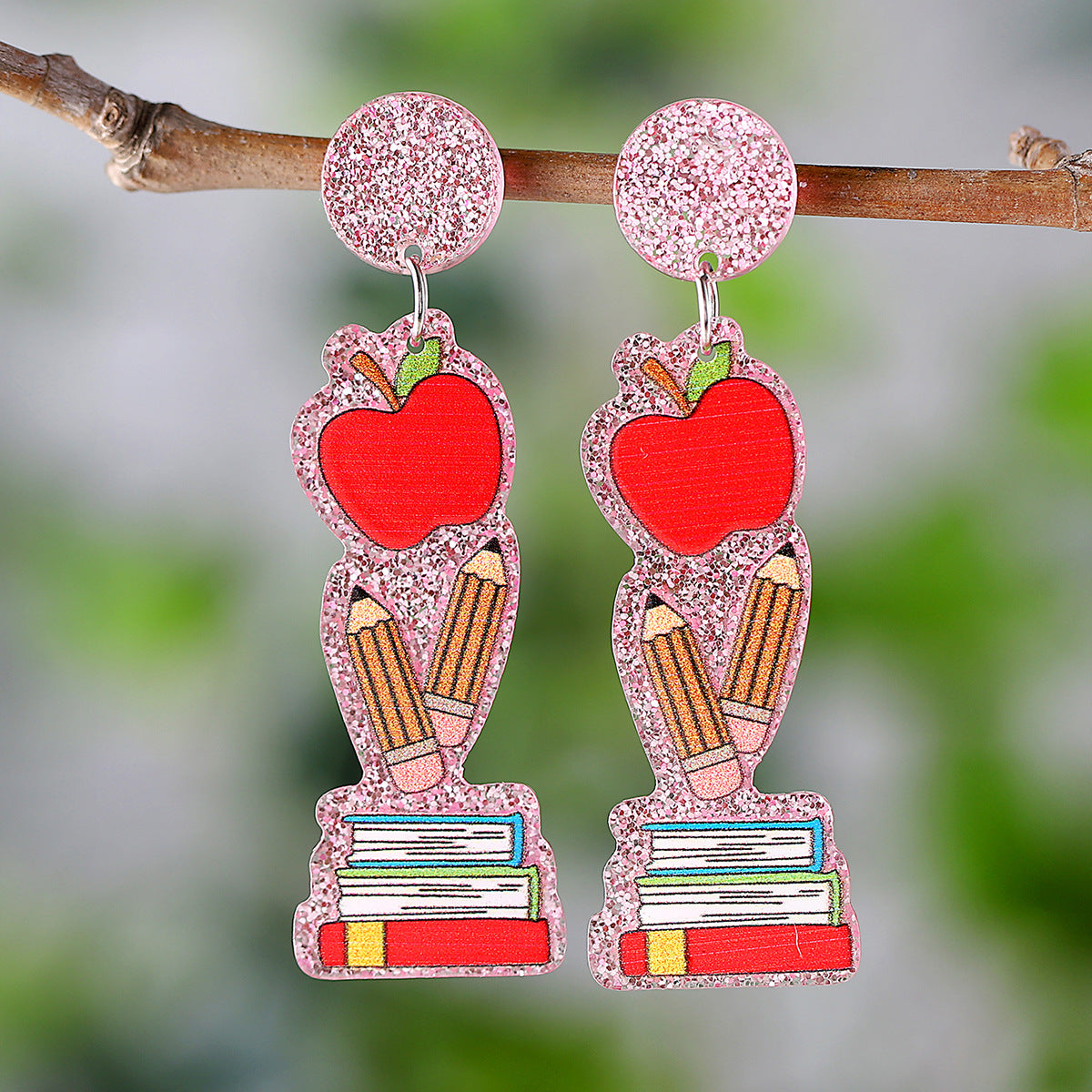 Wholesale Sequin Apple Book Ruler Rainbow Pendant Acrylic Earrings