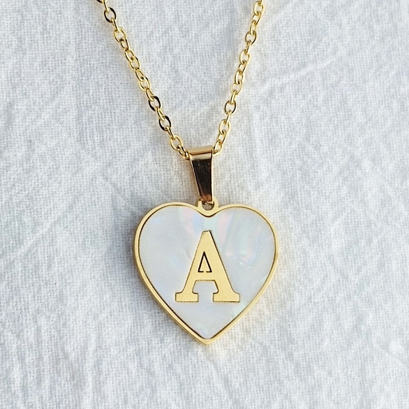 Wholesale 26 English Letters Heart Inlaid Shell Titanium Steel Necklace ACC-NE-DingChao002