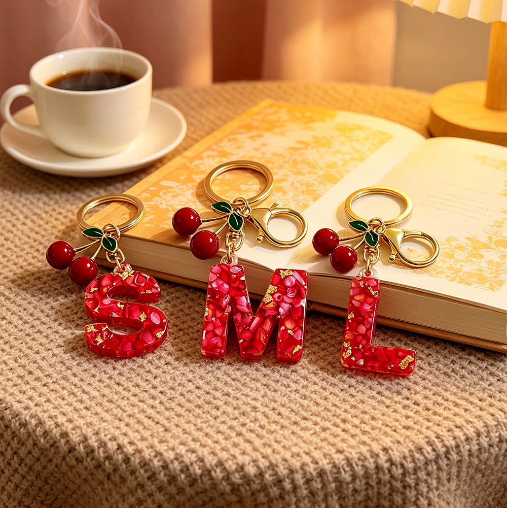 Wholesale Stylish Letter Keychain With Cute Cherry Pendant Plastic Bag Charm And Car Key Accessory Gift