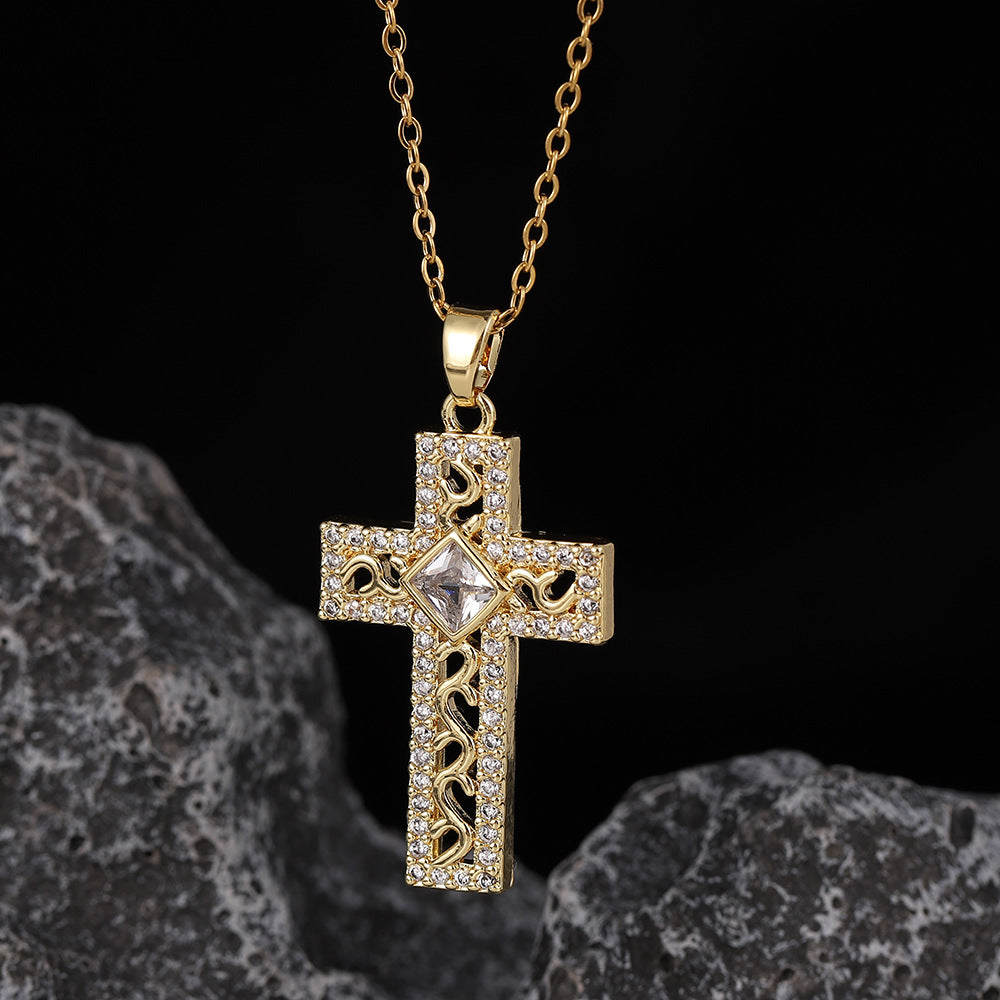 Wholesale Stylish Cross Pendant Necklace For Women Gold Plated Copper With Zircon Fashion Accessory Gift