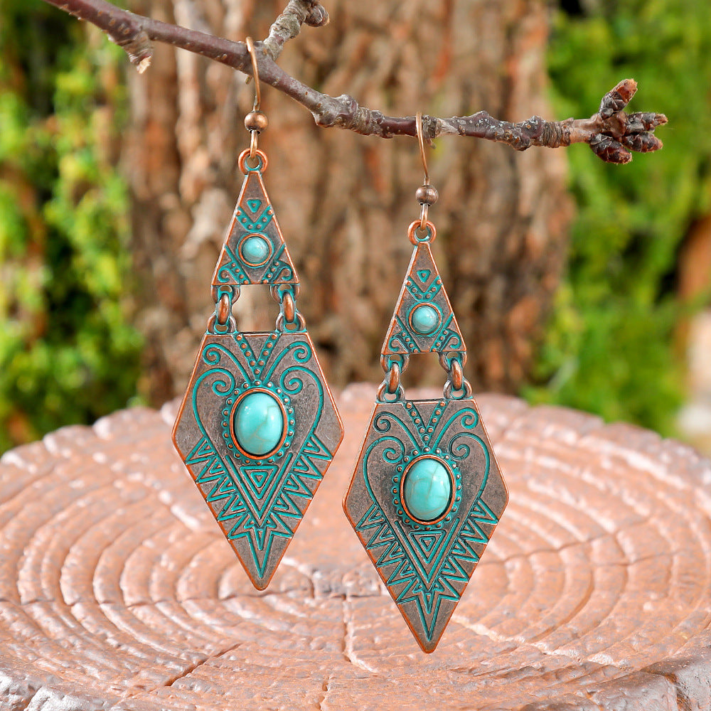 Wholesale Bohemian Turquoise Geometric Metal Texture Earrings Fashion Accessory for Party Boutique Resale