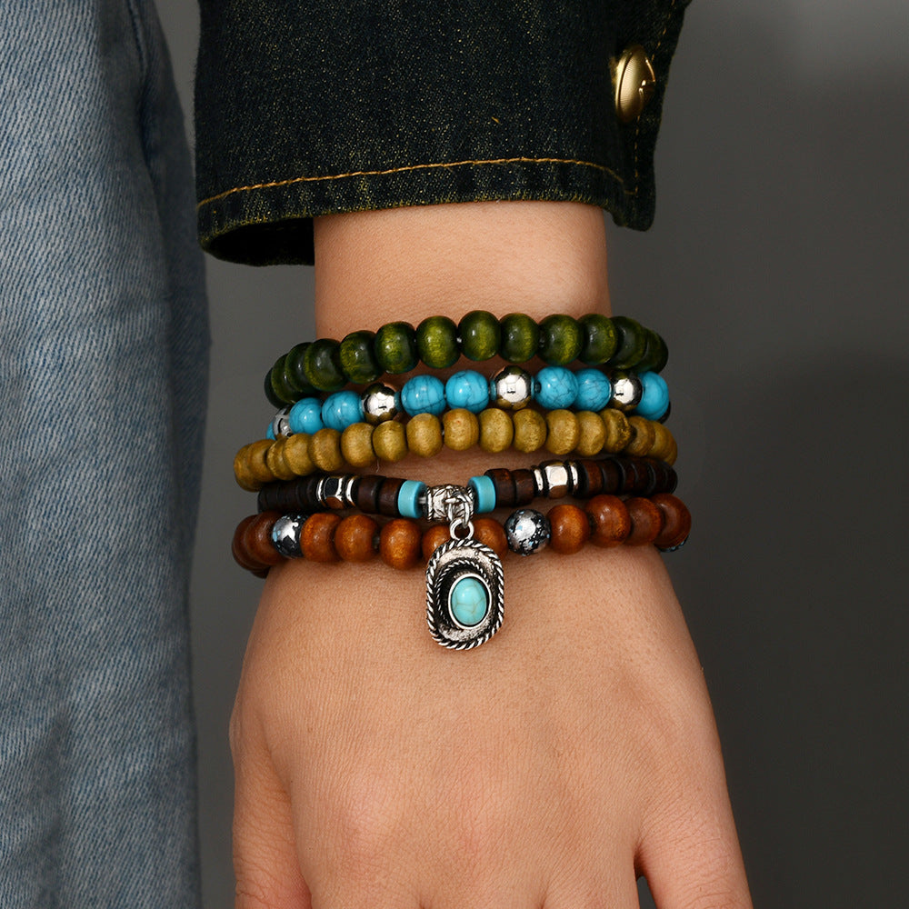Wholesale Bohemian Style Wooden bead and Turquoise Handmade Bracelet Set