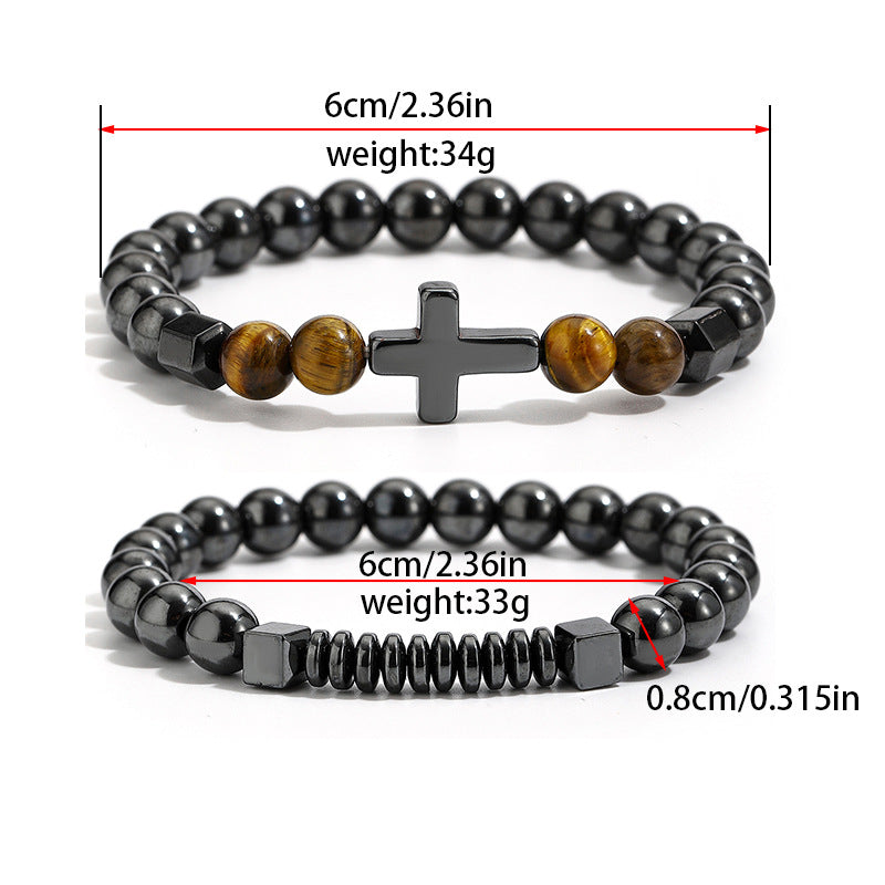 Wholesale Vintage Men S Cross Natural Tiger Eye Black Stone Elastic Bracelet Chic Everyday Jewelry Accessory Boutique Gift