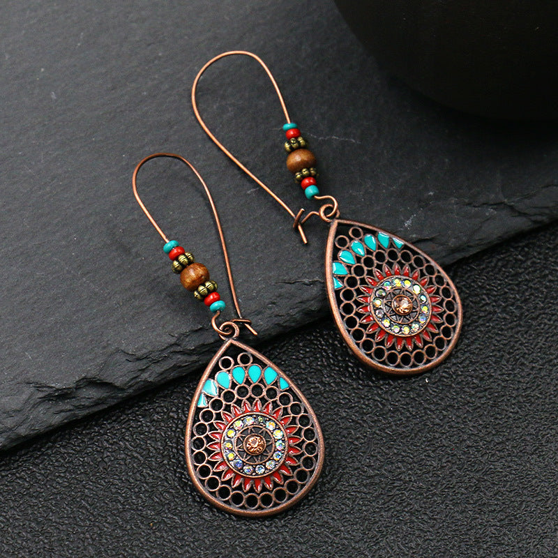 Wholesale hollow alloy retro color  diamond flower  earrings