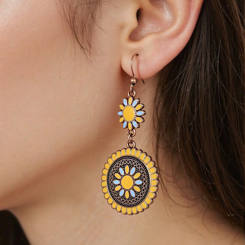 Wholesale Retro Sunflower Oil Drip Earrings - Zinc Alloy Jewelry Accessory for Party