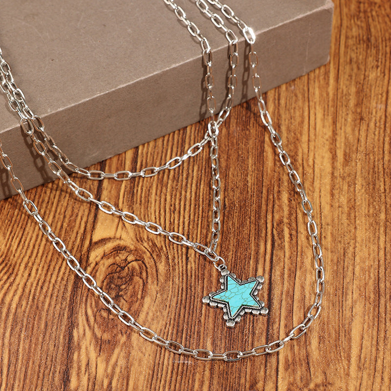 Wholesale Bohemian Layered Turquoise Star Necklace Alloy Electroplated Clavicle Jewelry Accessory