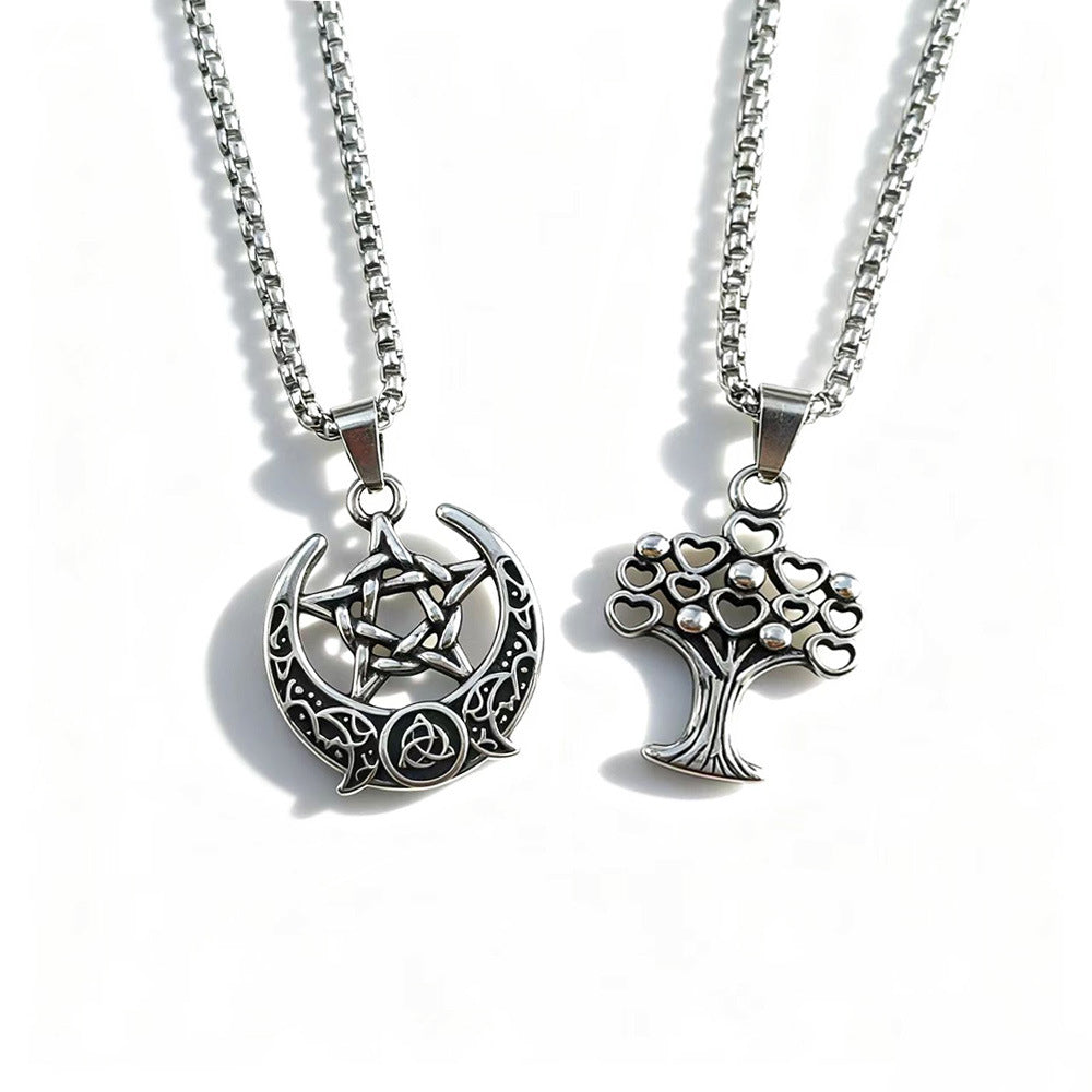 Wholesale Stylish Stainless Steel Pendant Necklace with Crescent Star and Tree of Life Motif Unisex Jewelry Accessory