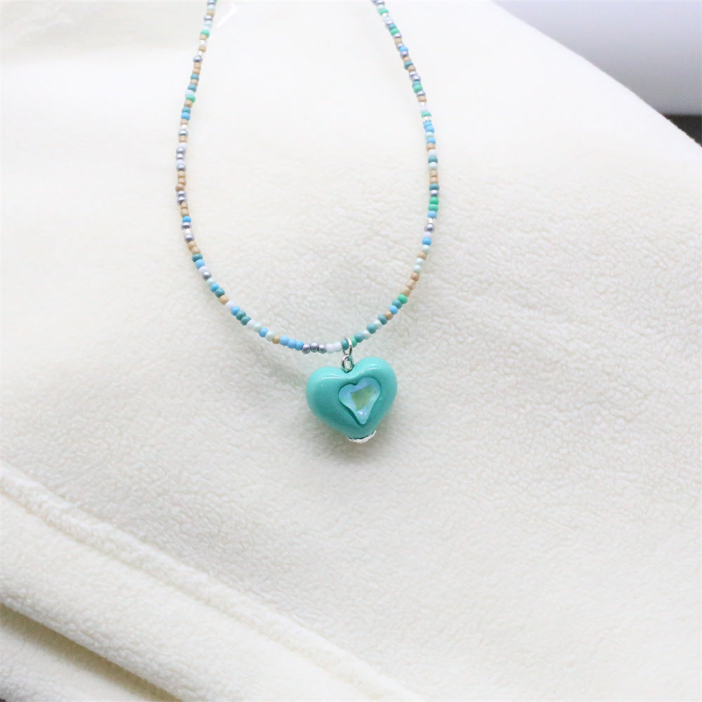Wholesale Zircon Heart Pendant Rice Bead Necklace