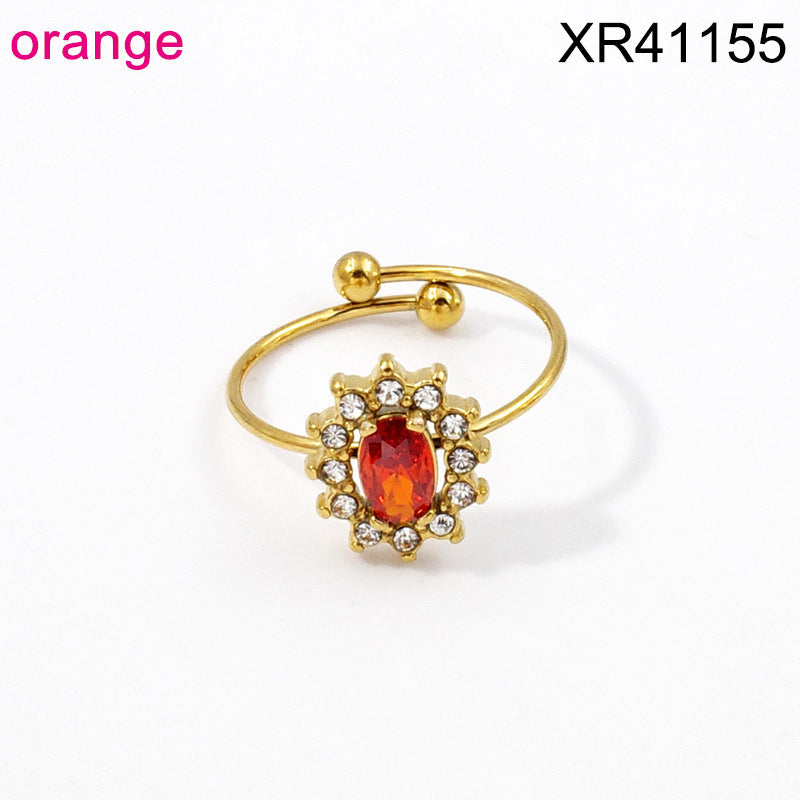Wholesale Adjustable Flower Design Stainless Steel Open Ring with Colored Gemstones Fashion Jewelry Accessory