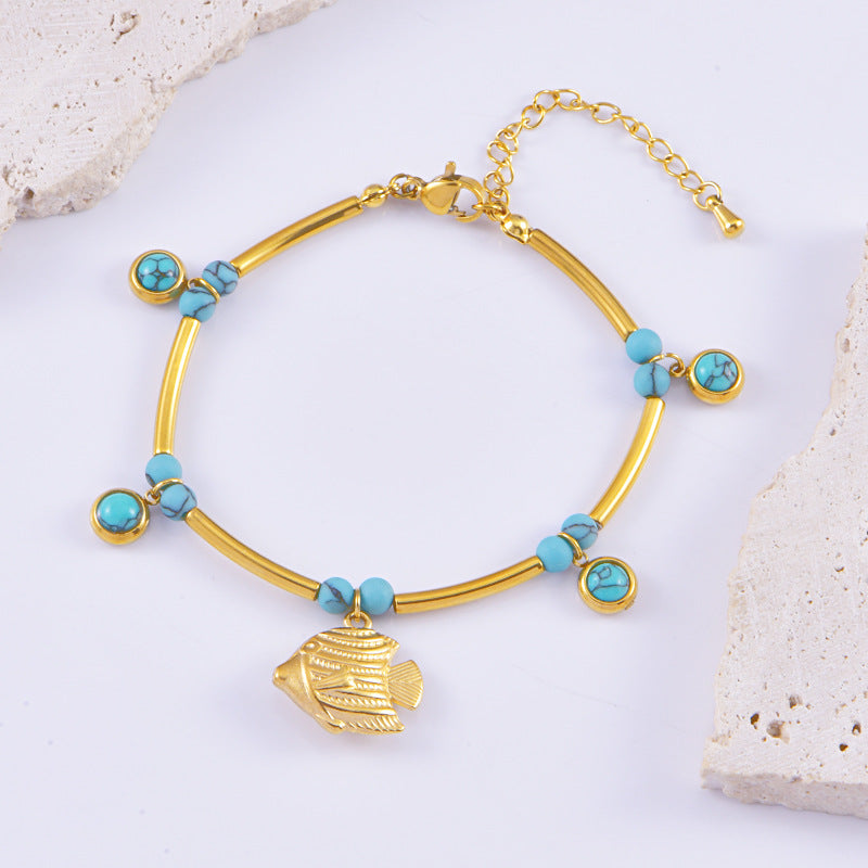 Wholesale Titanium Steel Vacation Ocean Style Bracelet Turquoise Shell Dolphin Bamboo Bracelet