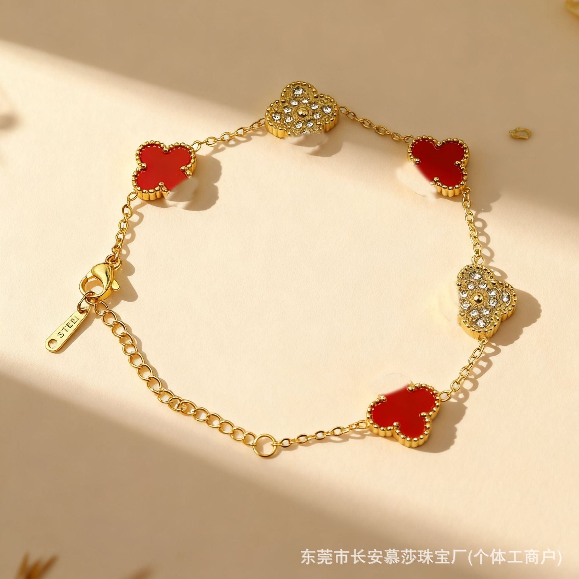 Wholesale Titanium Steel Four-Leaf Clover Bracelet with Mother-of-Pearl and Crystal Stones,  Women' s Fashion Jewelry Accessory ACCVIP