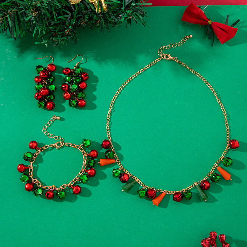 Wholesale Christmas  Cute Red and Green Bells Beaded Three-piece  Earrings Necklace Bracelet Jewelry