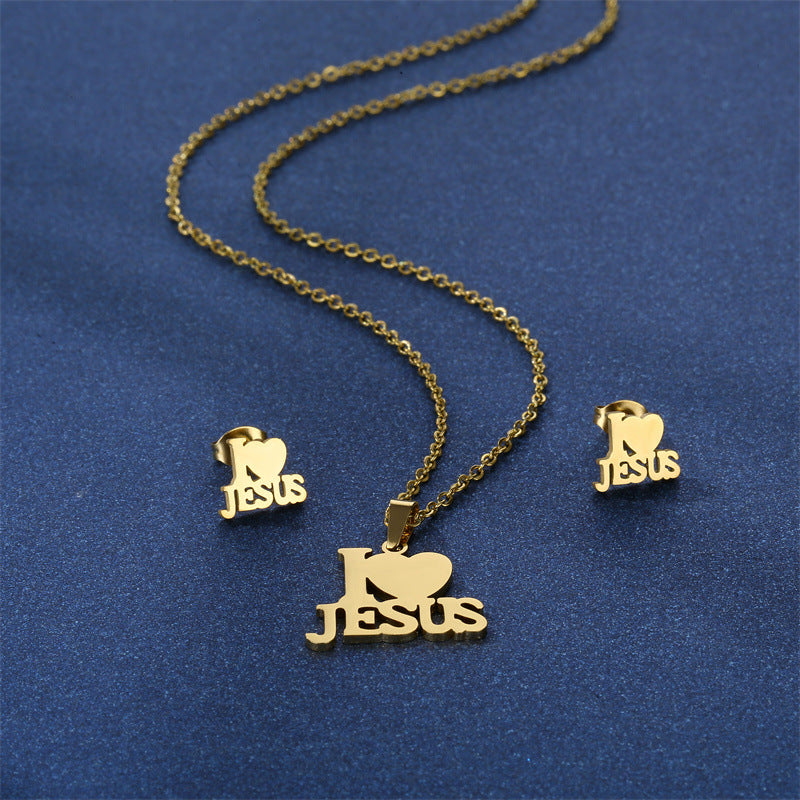 Wholesale 304 Stainless Steel I LOVE JESUS Necklace and Earrings Set ACC-ES-MinM004