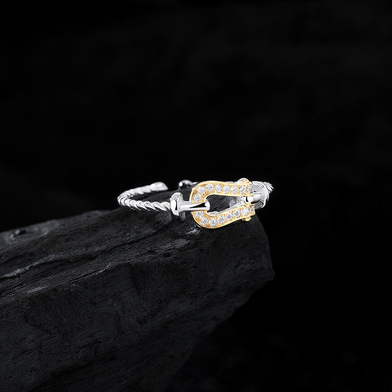 Wholesale S925 Diamond Split Gold Contrast Horseshoe Buckle Sterling Silver Ring