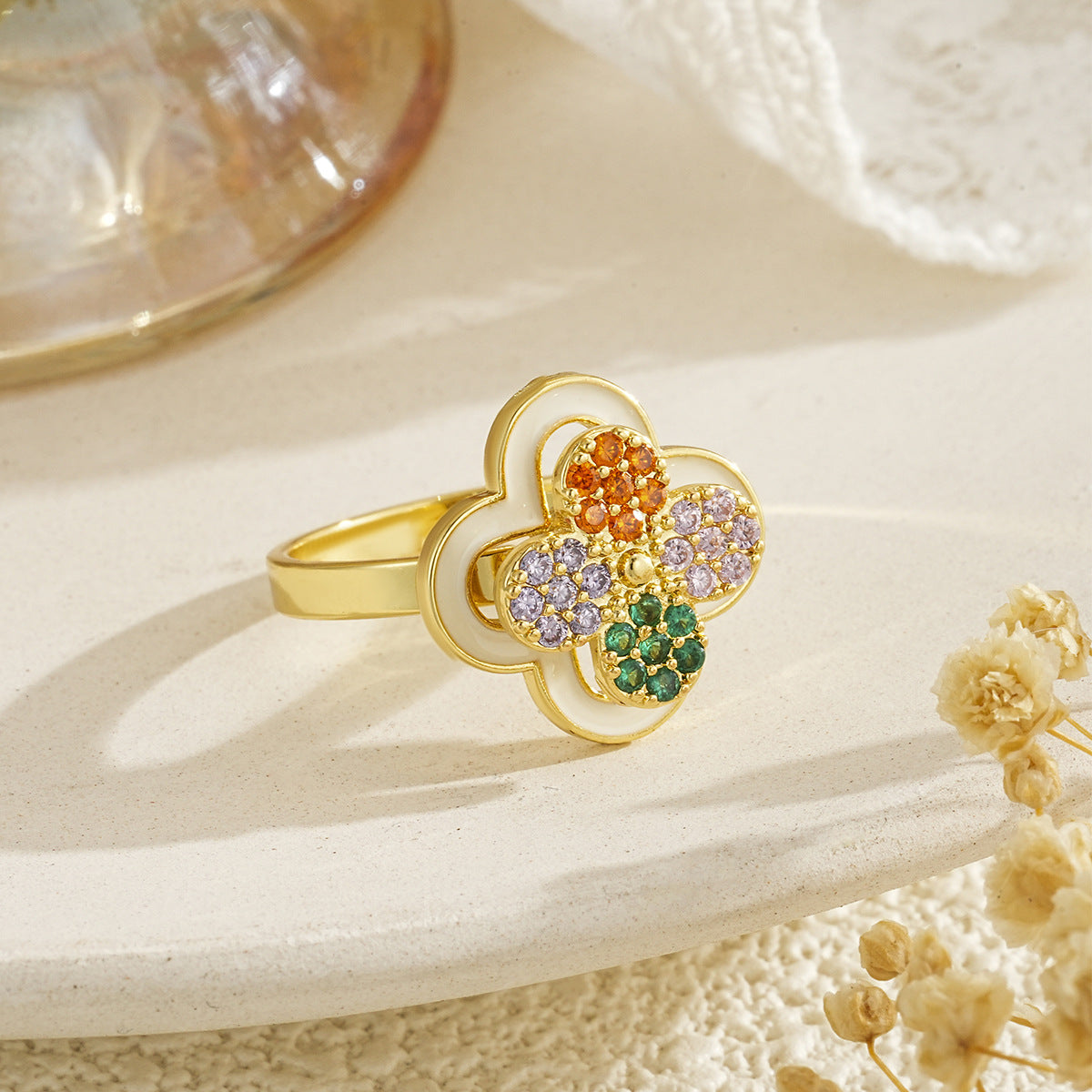 Wholesale Trendy Copper Adjustable Ring with Colorful Zircon Tree of Life Design,  Fashion Jewelry Accessory for Daily Wear