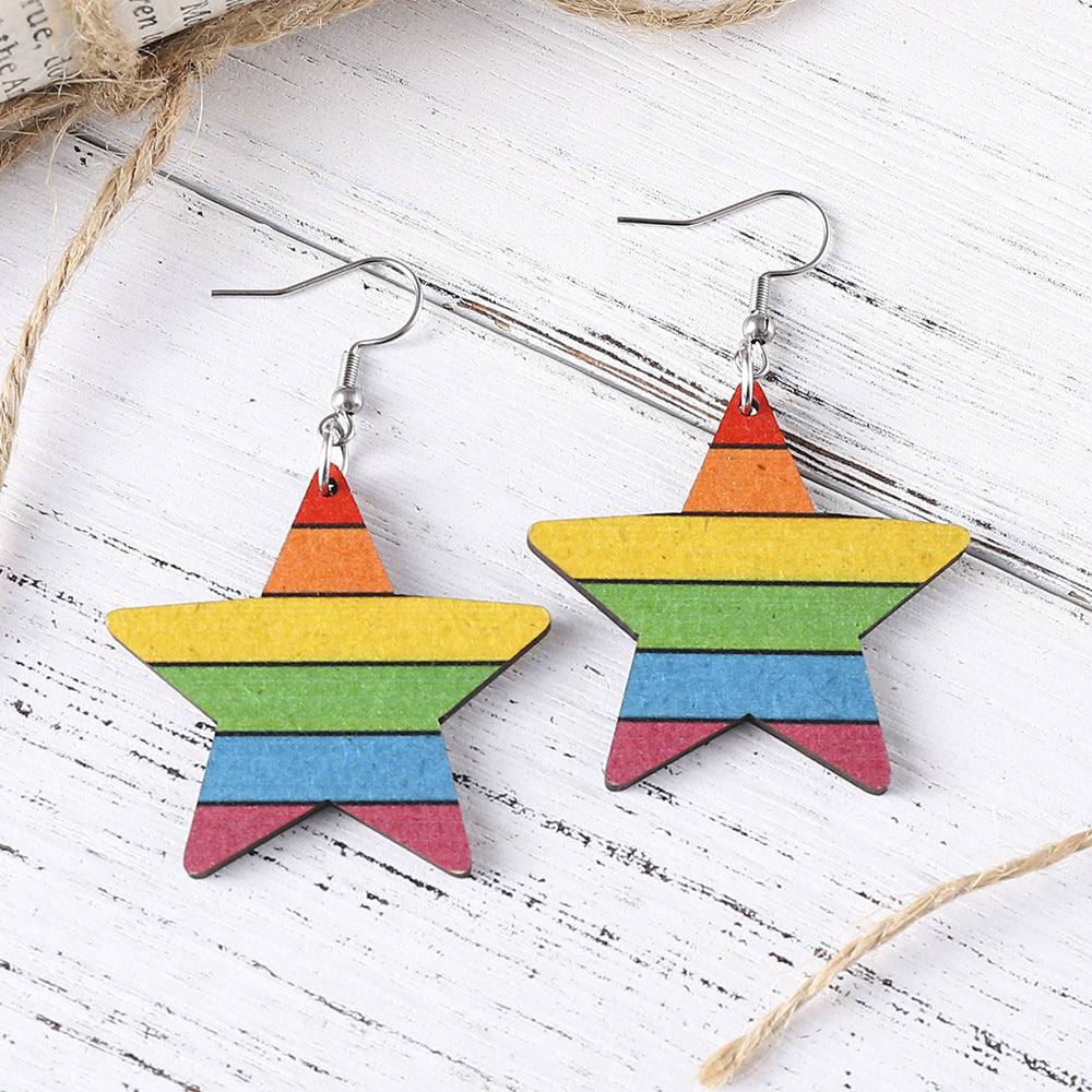 Wholesale Summer Rainbow Heart Star Earrings Wood Earrings ACC-ES-ChuLian024
