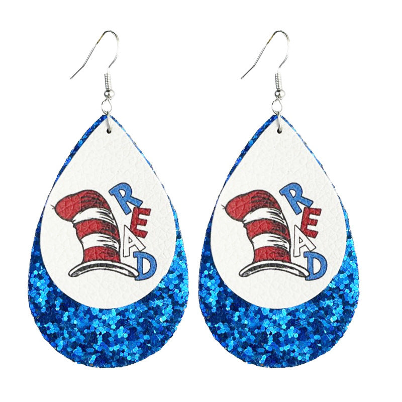 Wholesale 2 Pairs/pack Leather Printed Cute Teacher Reading Earrings ACC-ES-HY216