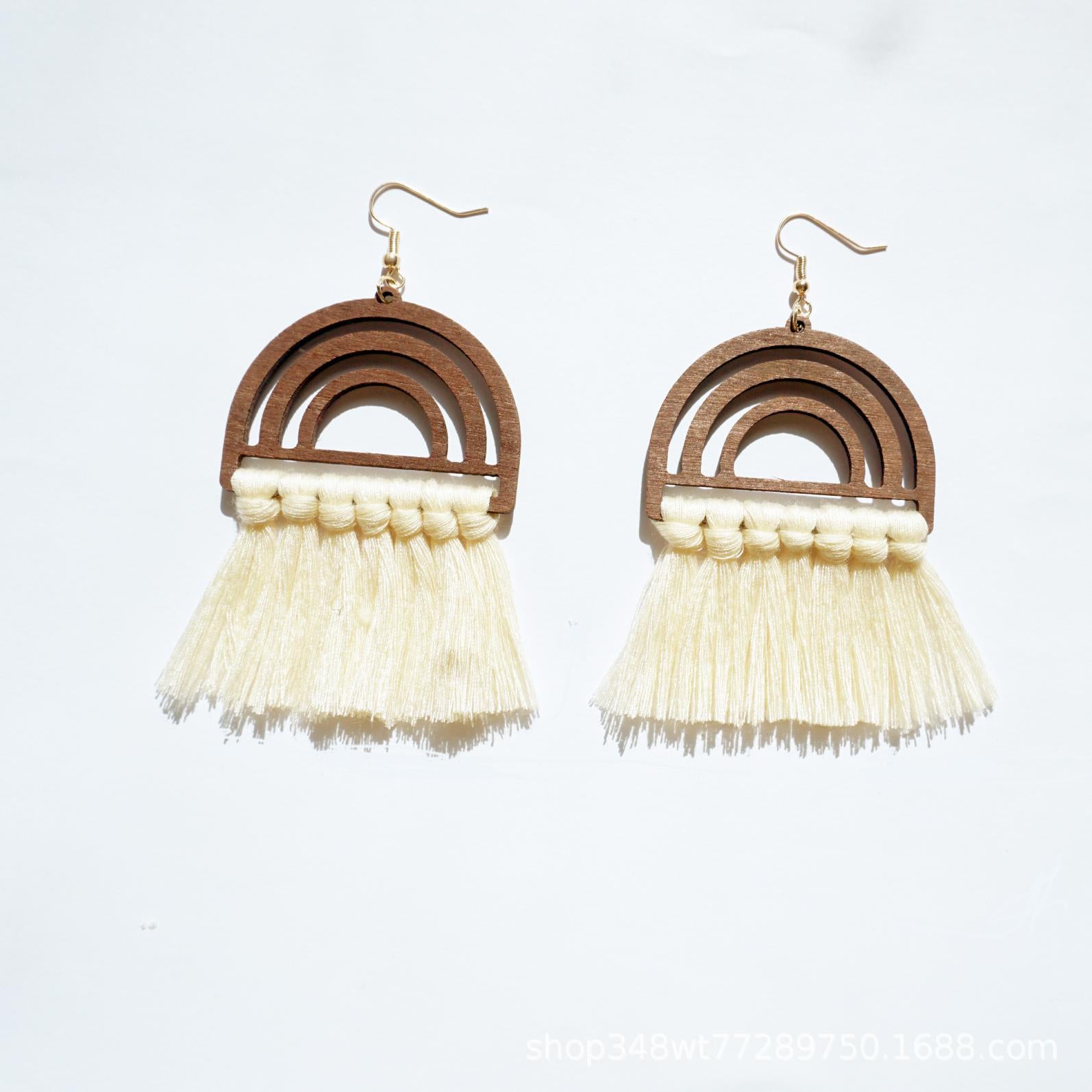 Wholesale Bohemian Handwoven Rainbow Wood Tassel Earrings ACC-ES-Jixuan004