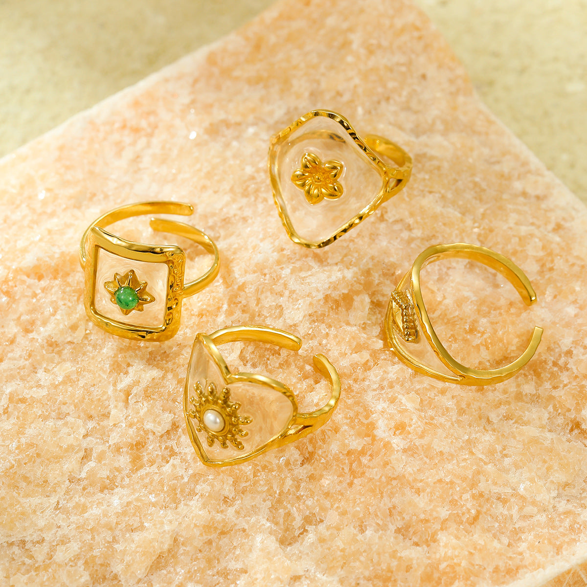 Wholesale  Geometric Love Petals Natural Stone Stainless Steel Opening Adjustable Ring