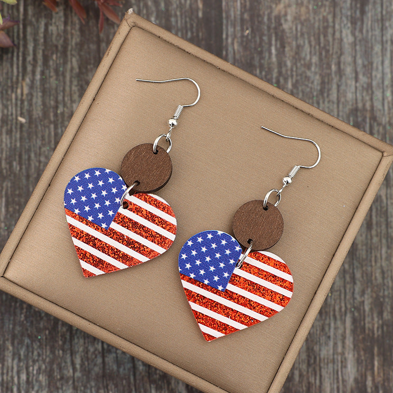 Wholesale Heart Print American Flag Stitching Small Wood Pieces Acrylic Earrings