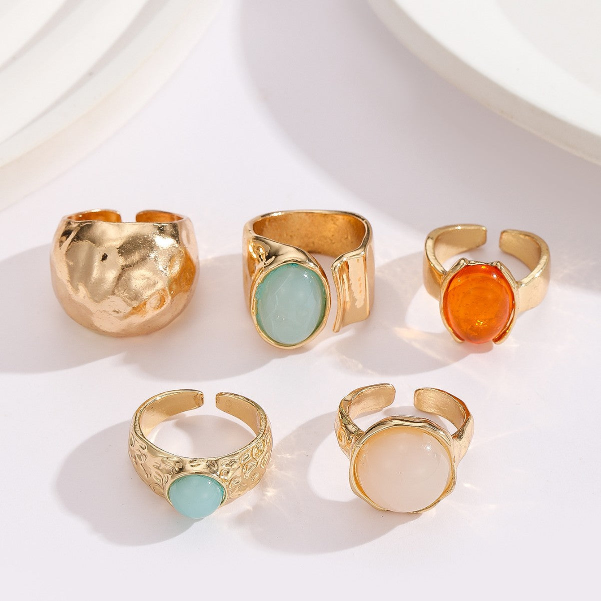 Wholesale Chic Zinc Alloy Ring Set Gold Tone Moonstone Style 5 Piece Fashion Accessory Boutique Resale