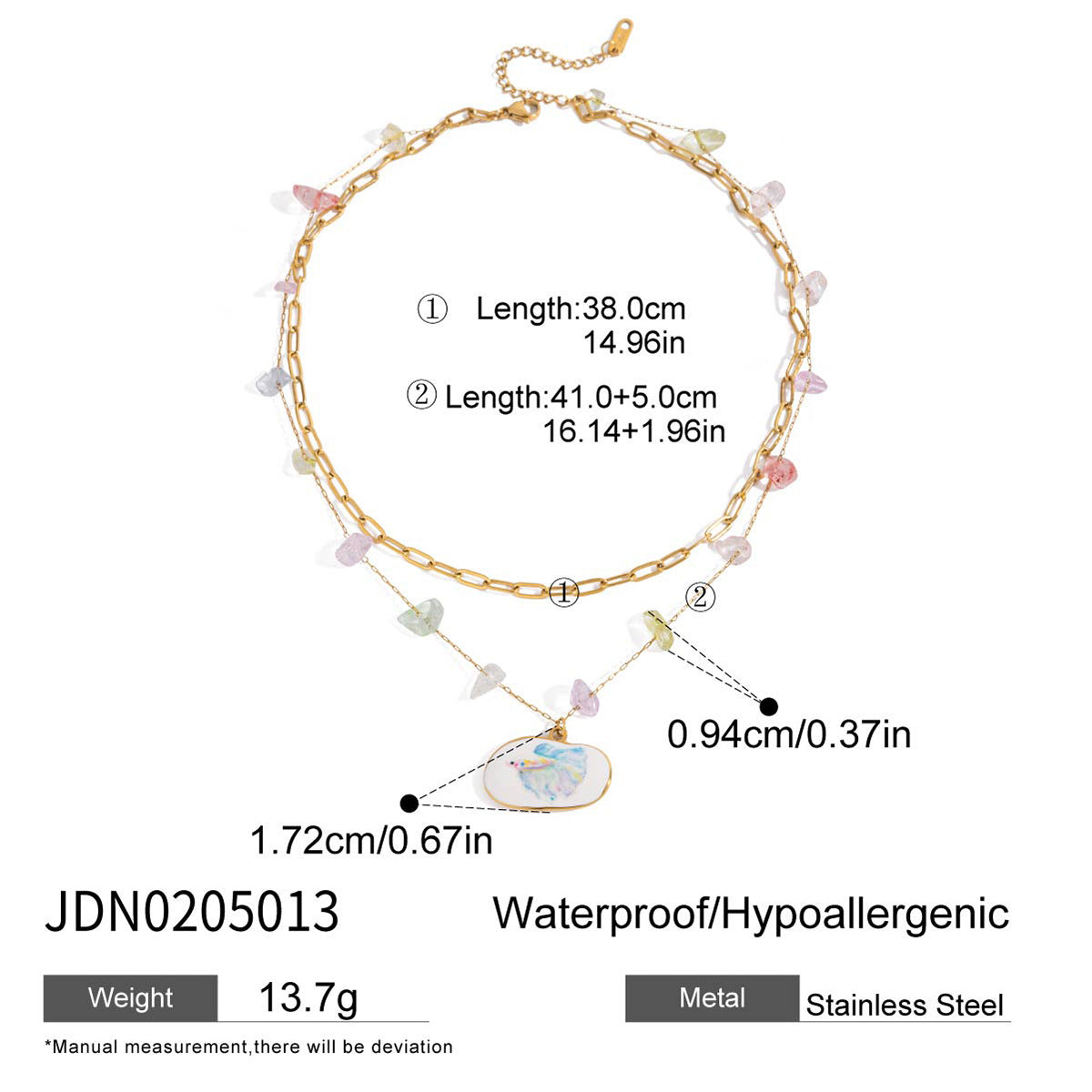 Wholesale 18K Gold Stainless Steel Oval Oil Drop Printed Colorfulful Natural Stone Double-Layer Necklace