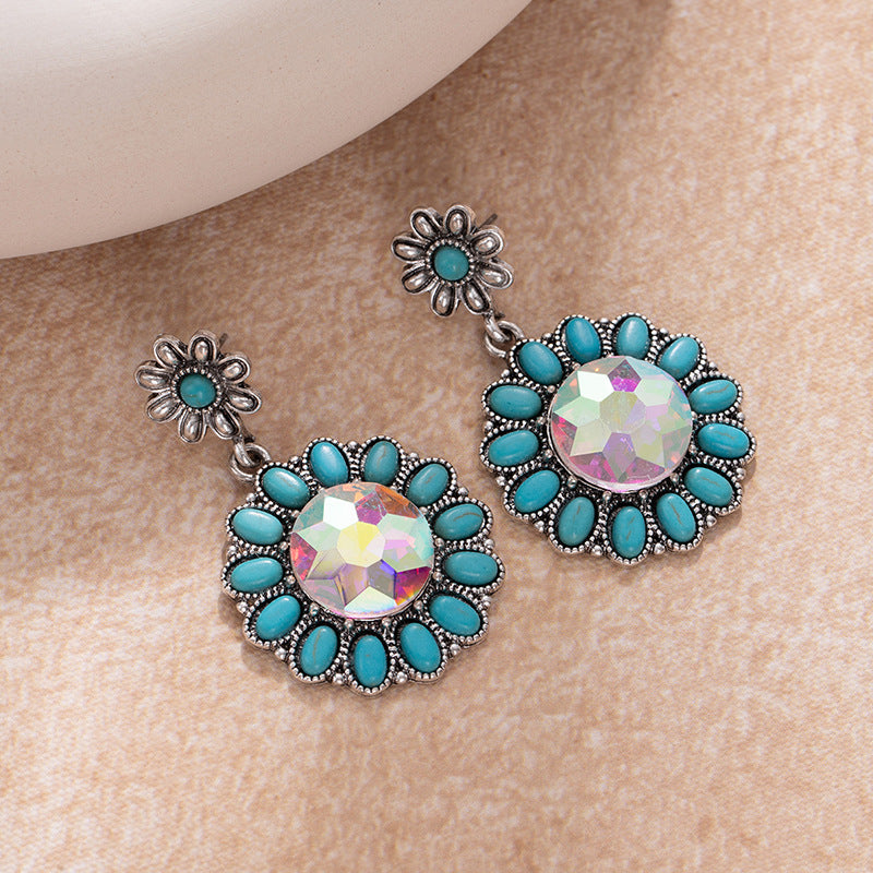 Wholesale Turquoise earrings retro western ethnic style alloy flower earrings