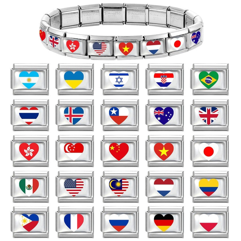 Wholesale Electroplated Stainless Steel Heart Italian Flag Charm DIY Bracelet Jewelry Accessory Boutique Resale
