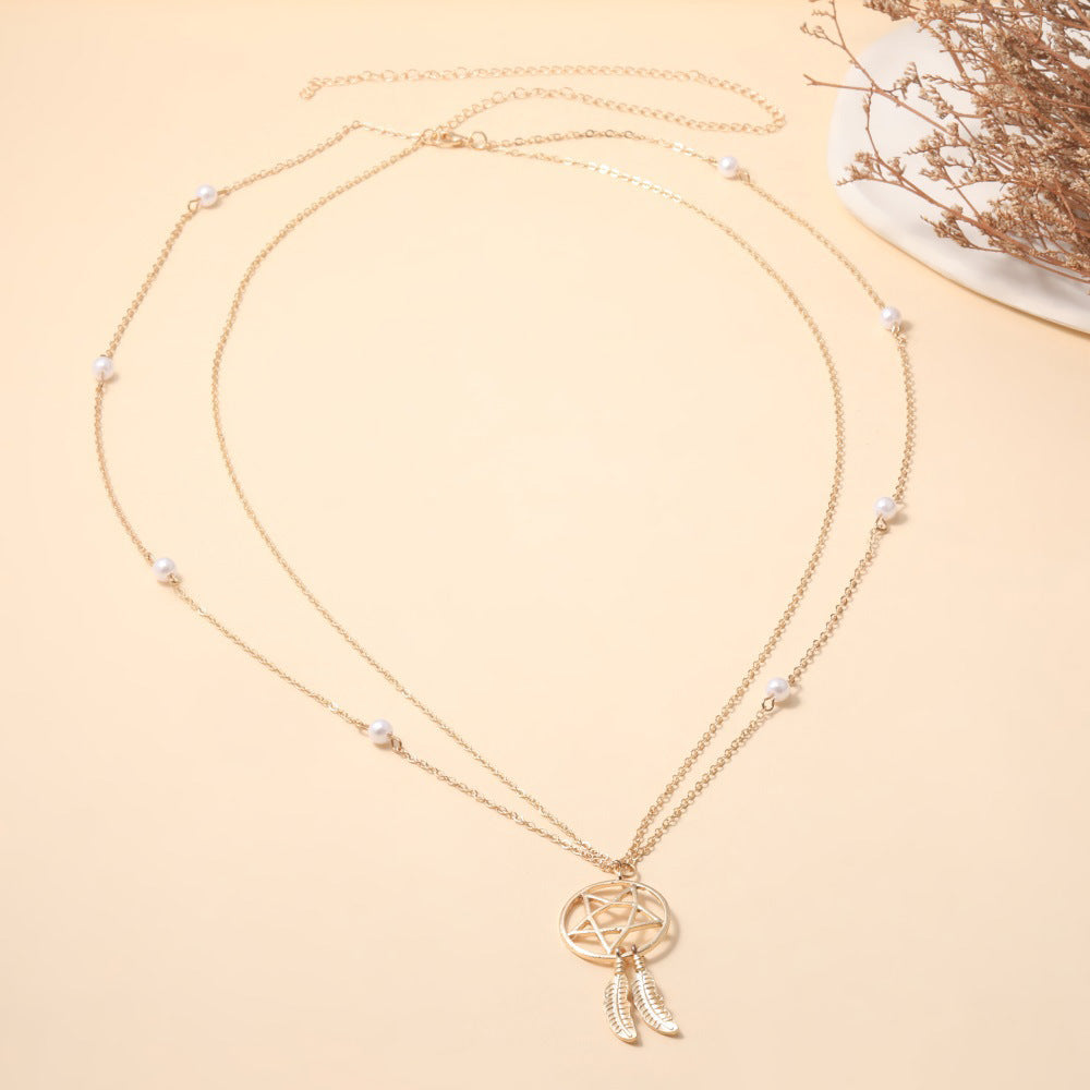 Wholesale  summer waist chain  pearl chain hollow five-pointed star feather alloy pendant waist ornaments