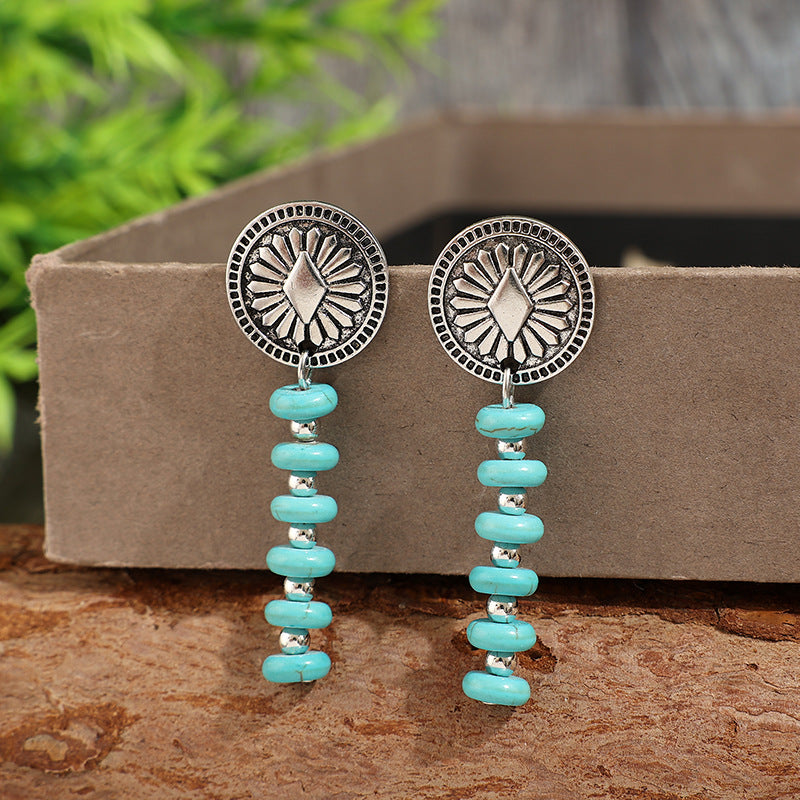 Wholesale Western Bohemian-Style Vintage Carved Round Medallion,  Turquoise-Beaded Alloy Earrings