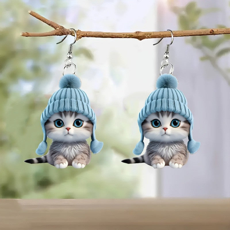 Wholesale Blue Sweatshirt Plush Kitten Acrylic Flat Earrings