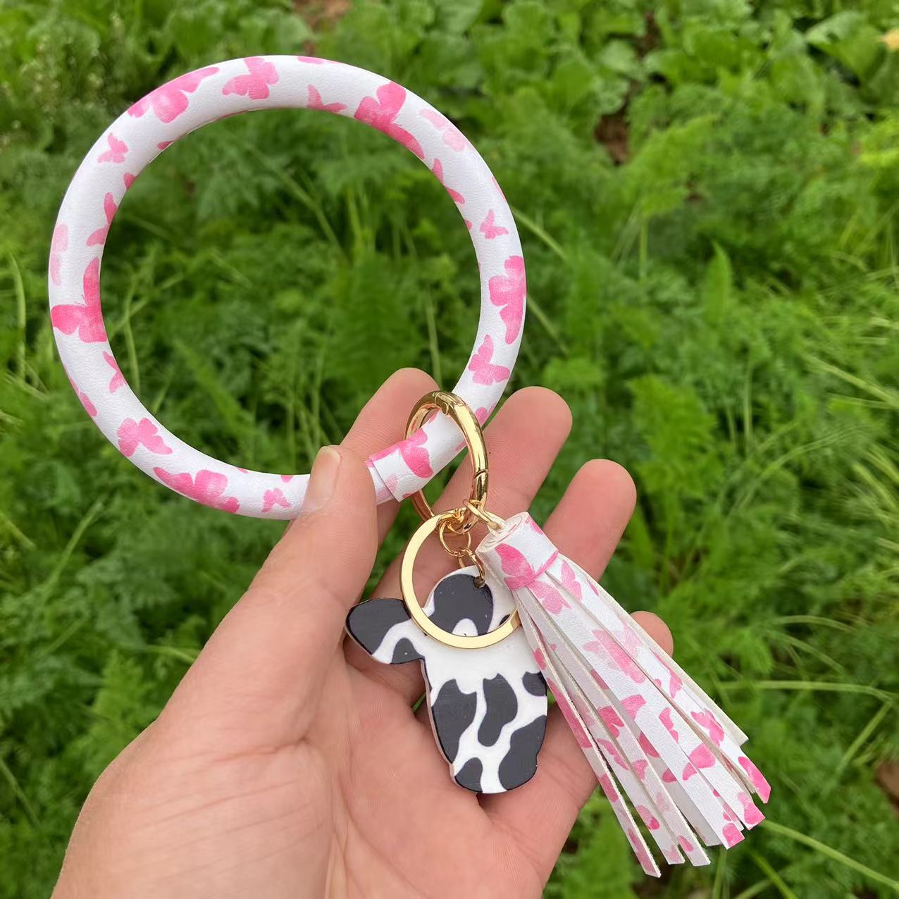 Wholesale Western Style Leopard Print Cow Print Cactus Leather Wristlet Keychain ACC-KC-QiuXue003