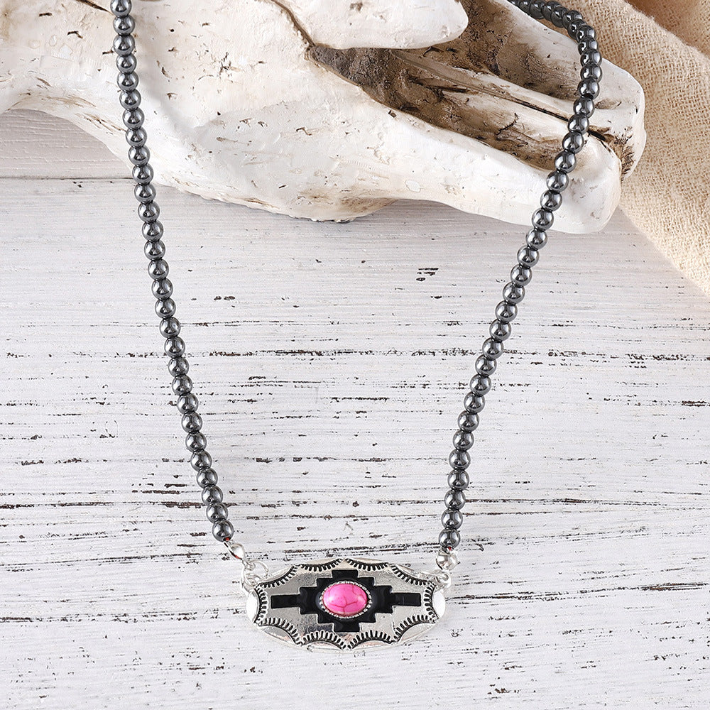 Wholesale  Retro Inlaid Color Turquoise Alloy Necklace