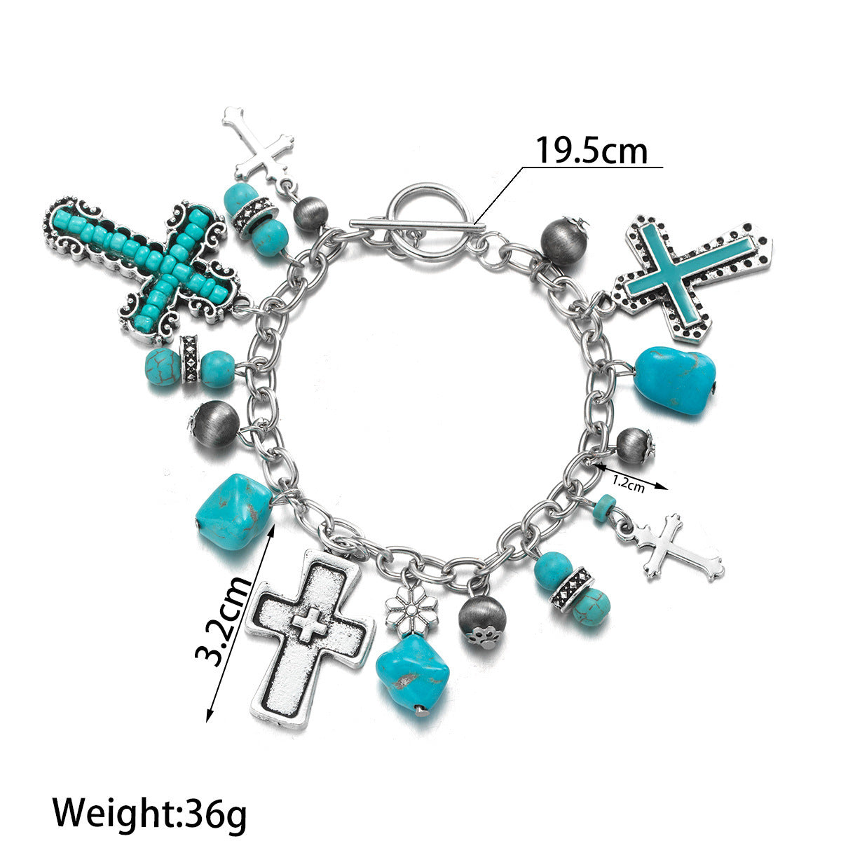 Wholesale  Turquoise Antique Cross Beaded Carved Silver Turquoise Retro  Bracelet