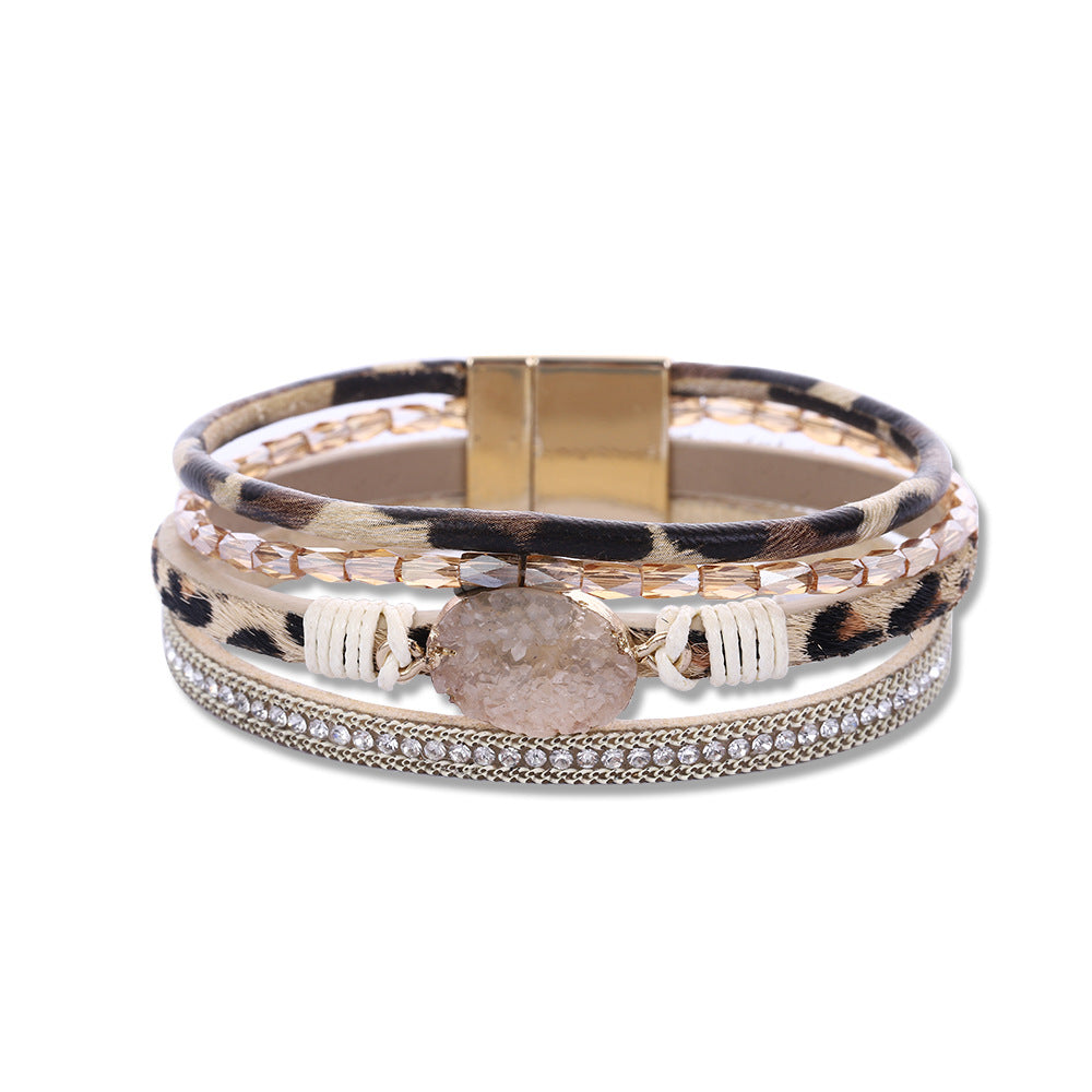 Crystal embellished diamond braided leather bracelet with magnetic clasp ACC-BT-Hongx002