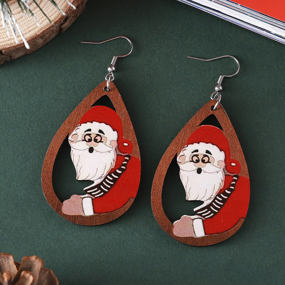 Wholesale Christmas Santa Elk Water Drop Pendant WoodenEarrings