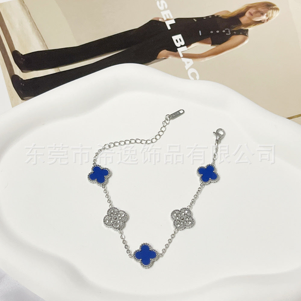 Wholesale Trendy Four-Leaf Clover Rhinestone Bracelet Titanium Steel Jewelry for Office Ladies Everyday Wear Gift