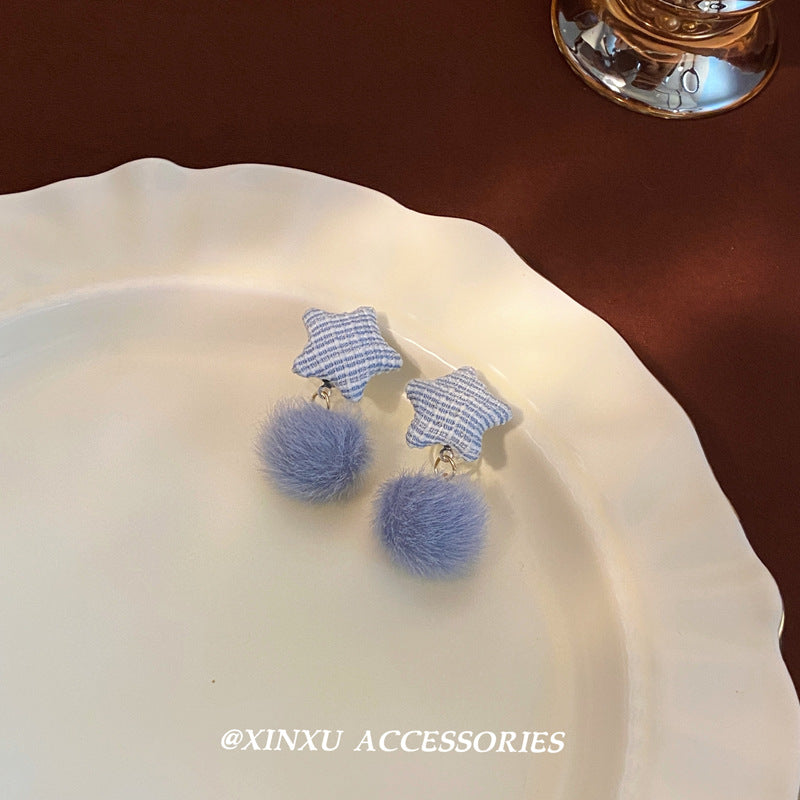 Wholesale five-angle star blue mink fur ball earrings