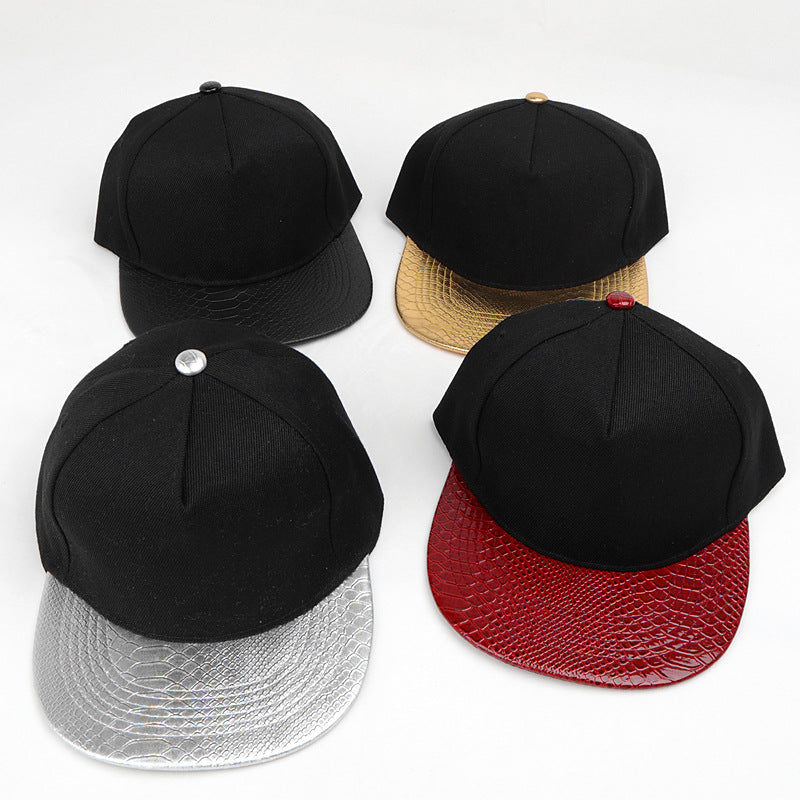 Wholesale Flat Brim Hat PU leather color matching hip hop hat  baseball cap