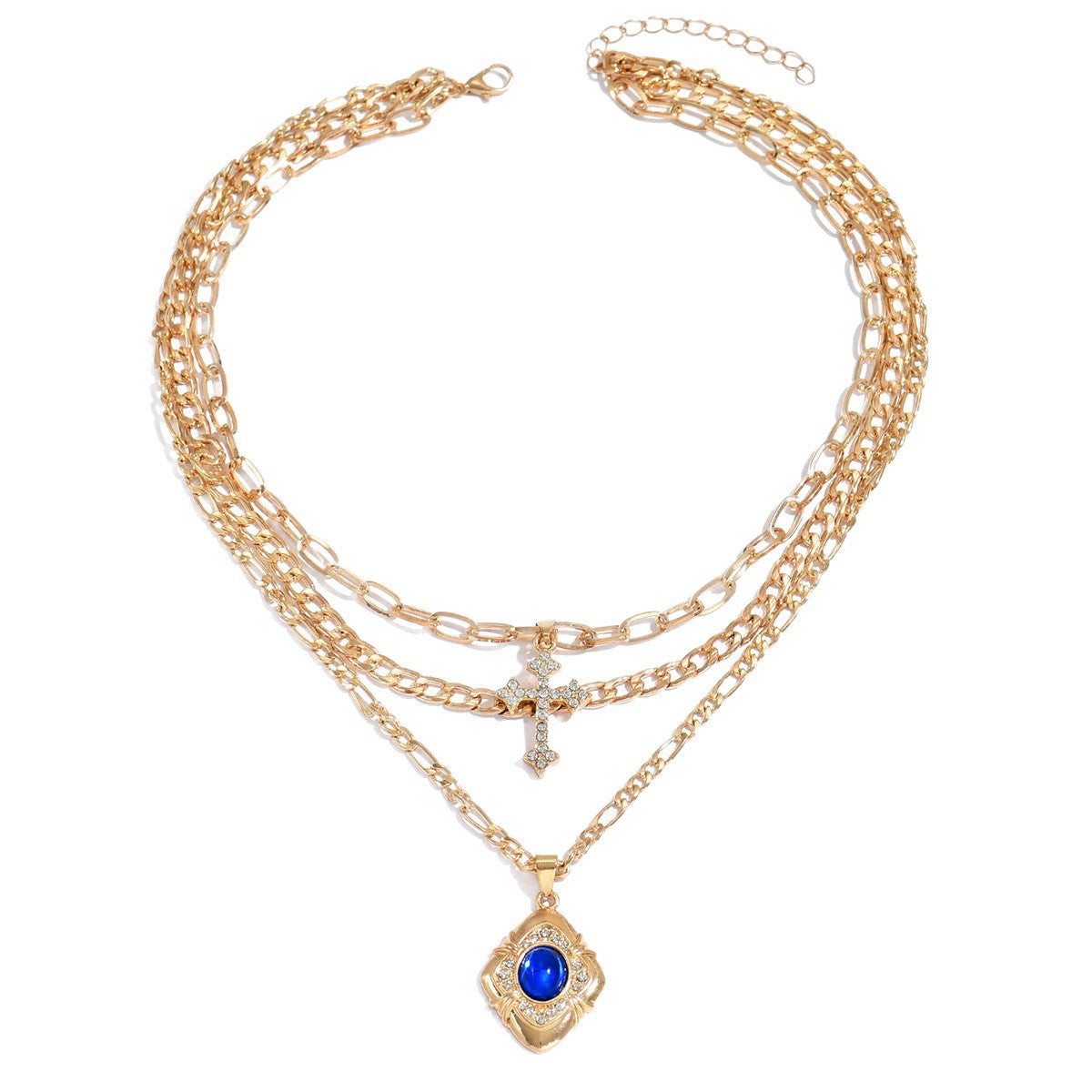 Wholesale Blue Square Gem Cross Pendant Necklace Multi-Layer Alloy Choker Fashion Jewelry Accessory